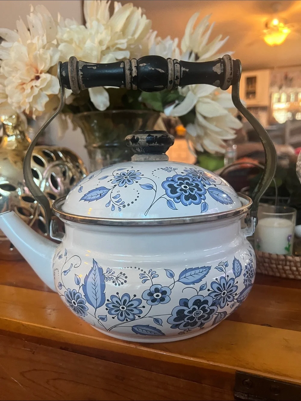White and Blue Floral Enamel Teapot with Wooden Handle